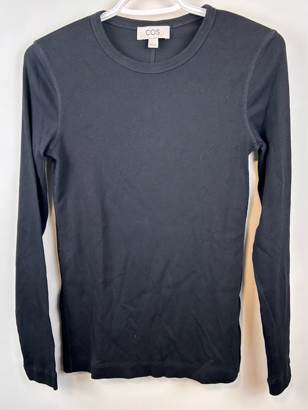 COS Ribbed Long Sleeve Top Black Slim Fit Stretch Crewneck Minimalist Size S